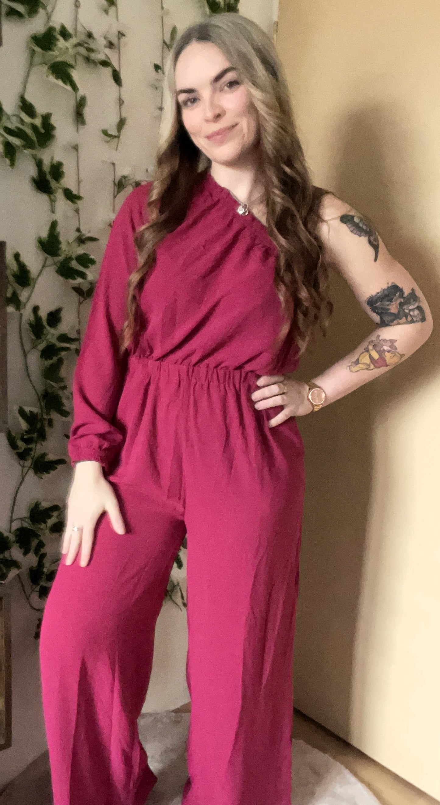 Jumpsuit one-shoulder - Wine red